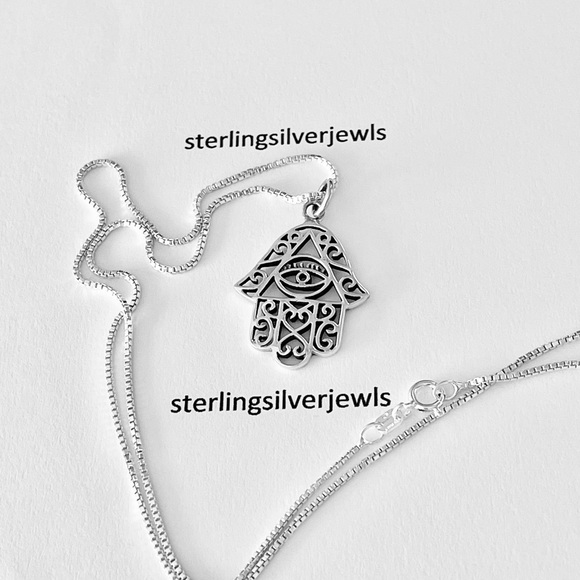 Silver Hamsa with Evil Eye Necklace, Hand of Fatima Chain, Religious Necklaces - Picture 2 of 11